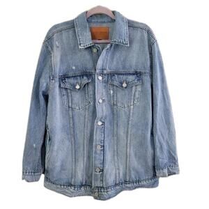 Lucky Brand Denim Trucker Jacket Size Large Unisex Blue 100%‎ Cotton Distressing
